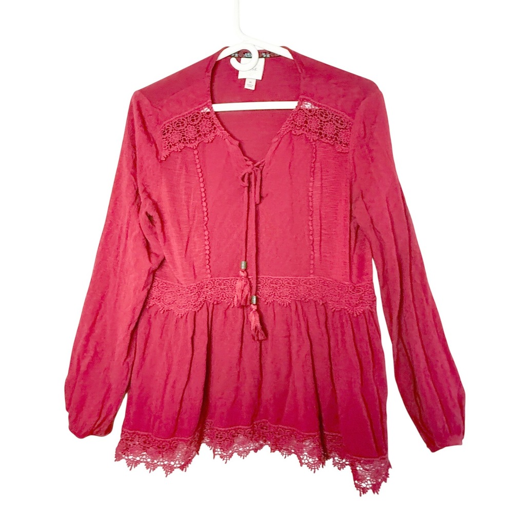 Knox Rose Red Crochet Lace Peasant Blouse M Tassel Peplum Boho Cottagecore